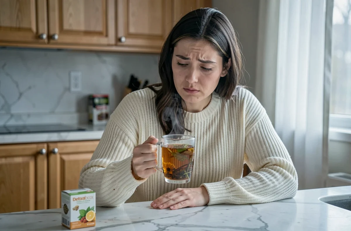Femme tenant une tasse de tisane détox à la cuisine avec une expression préoccupée, cure minceur et signaux d'alerte santé