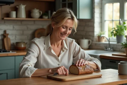 Femme en blouse en lin coupe rustique tranche pain maison