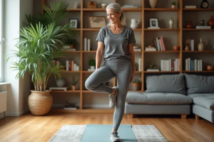 Femme âgée en yoga dans un salon lumineux