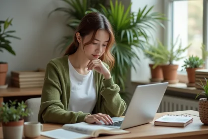 Jeune femme lisant un blog botanique &agrave; la maison