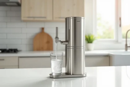 Filtre à eau Berkey en acier inoxydable posé sur un plan de travail de cuisine moderne avec un verre d'eau claire