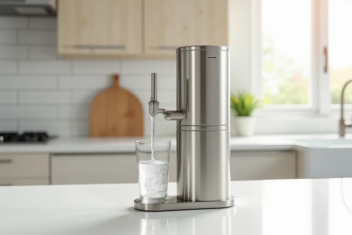Filtre à eau Berkey en acier inoxydable posé sur un plan de travail de cuisine moderne avec un verre d'eau claire