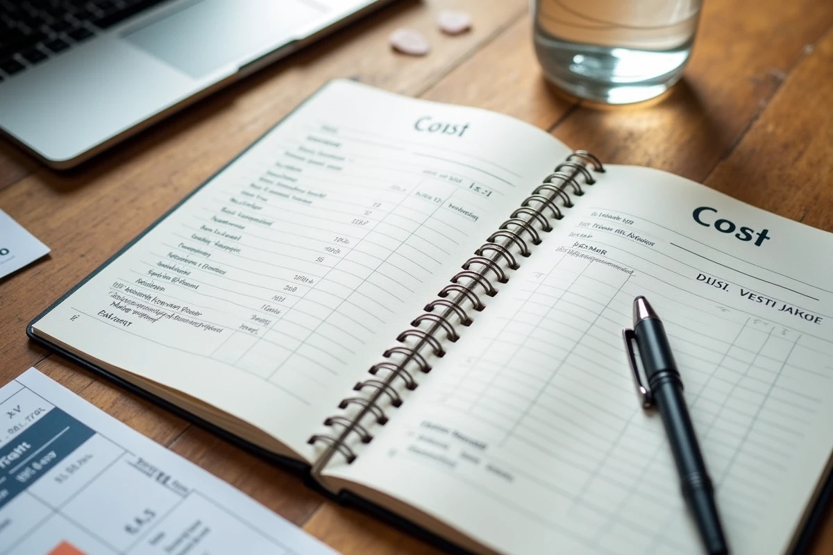 Vue aérienne d'un bureau avec notes manuscrites et documents comparant les prix du programme Reborn21
