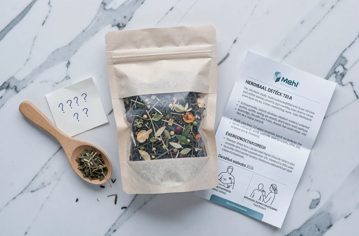 Vue du dessus d'une cure de thé détox Lulutox avec une notice médicale et des herbes séchées sur marbre blanc, analyse des ingrédients