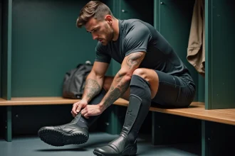 Footballeur professionnel enfilant des bottes de récupération pneumatiques dans un vestiaire sportif moderne