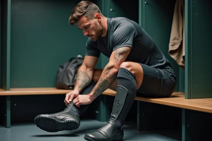 Footballeur professionnel enfilant des bottes de récupération pneumatiques dans un vestiaire sportif moderne