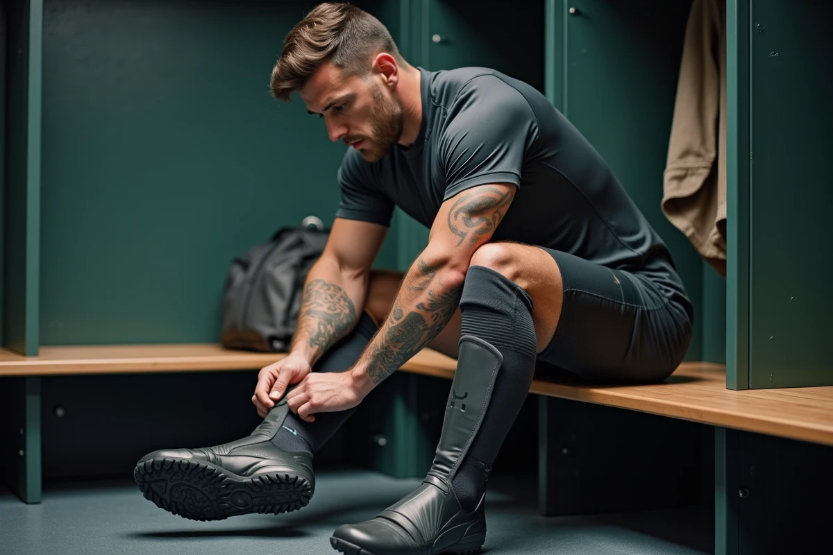 Footballeur professionnel enfilant des bottes de récupération pneumatiques dans un vestiaire sportif moderne