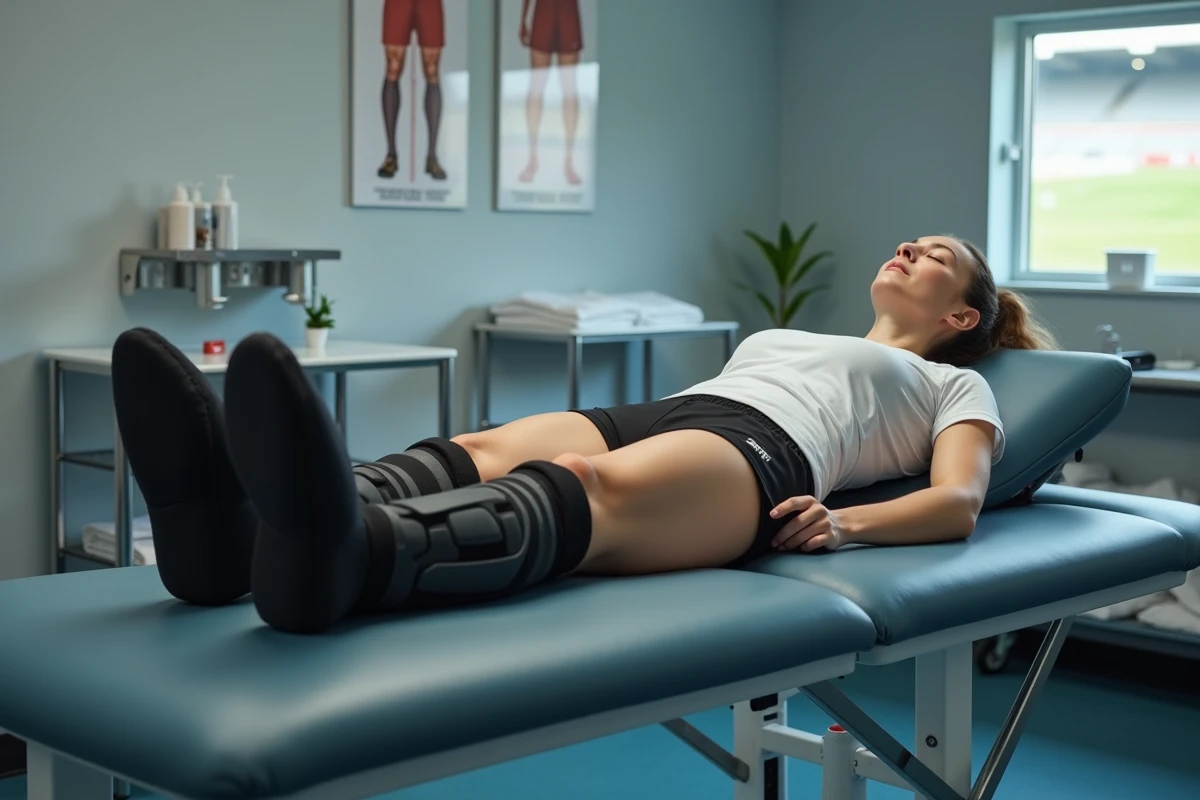 Footballeuse allongée sur table de kiné avec des bottes de compression séquentielle pour récupération musculaire