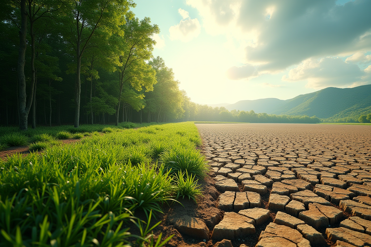 Forêt verte contrastant avec paysage désséché et dégradation environnementale
