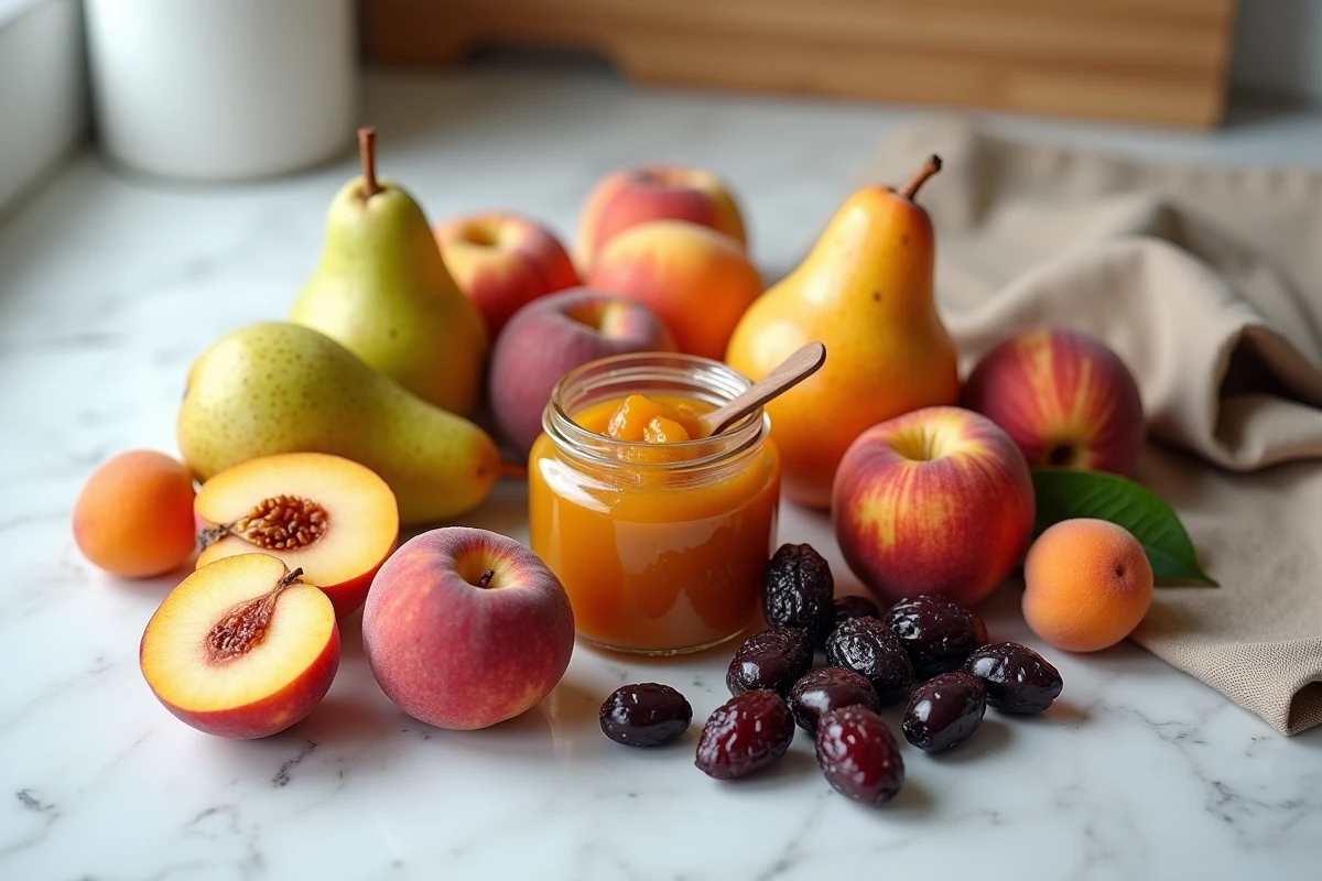 Fruits recommandés contre la constipation du bébé : poires, pruneaux, pêches et abricots pour préparer une compote