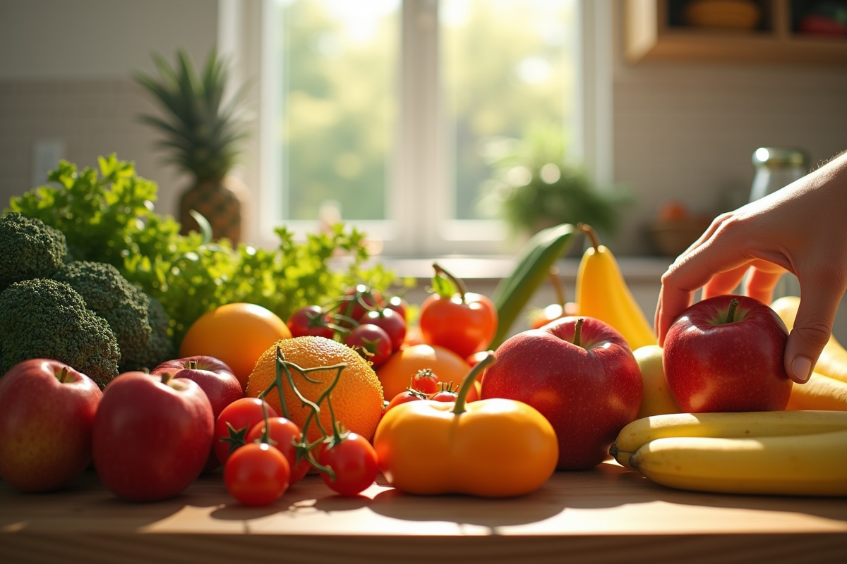 Variété colorée de fruits et légumes frais sur une table