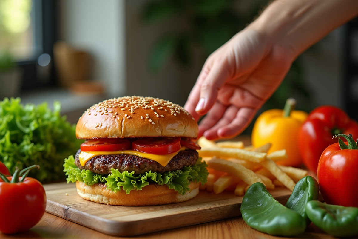 Fruits et légumes frais avec un hamburger gras sur la table