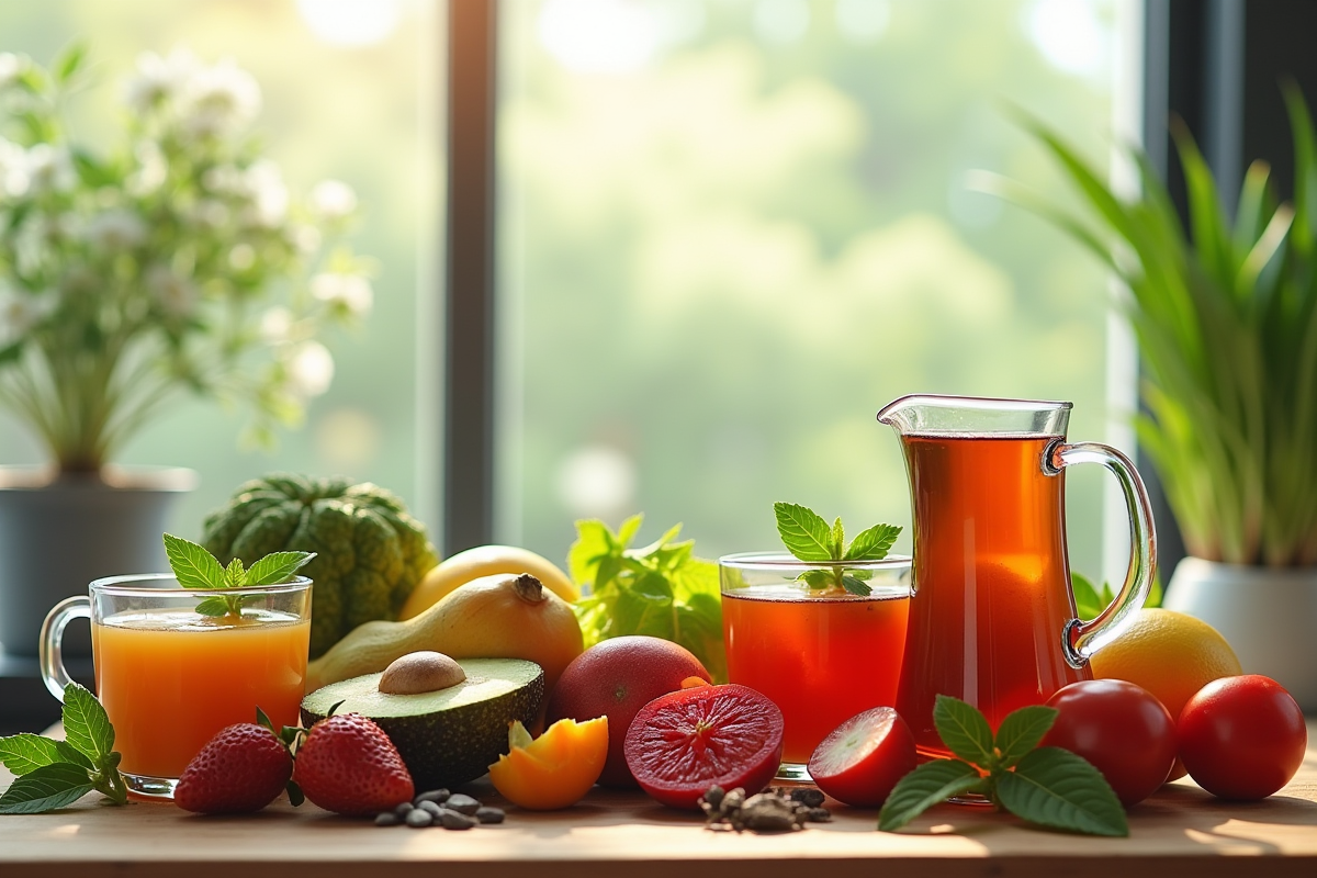 Variété de fruits légumes et tisanes sur une table en bois