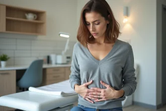 Femme adulte en consultation médicale palpant un ganglion inguinal persistant avec une expression préoccupée