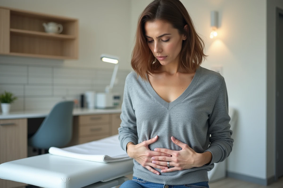 Femme adulte en consultation médicale palpant un ganglion inguinal persistant avec une expression préoccupée