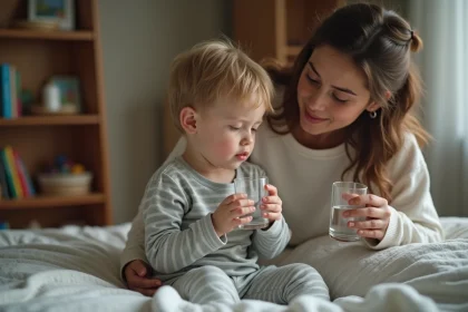 Jeune gar&ccedil;on de 6 ans avec sa m&egrave;re lors d'une toux