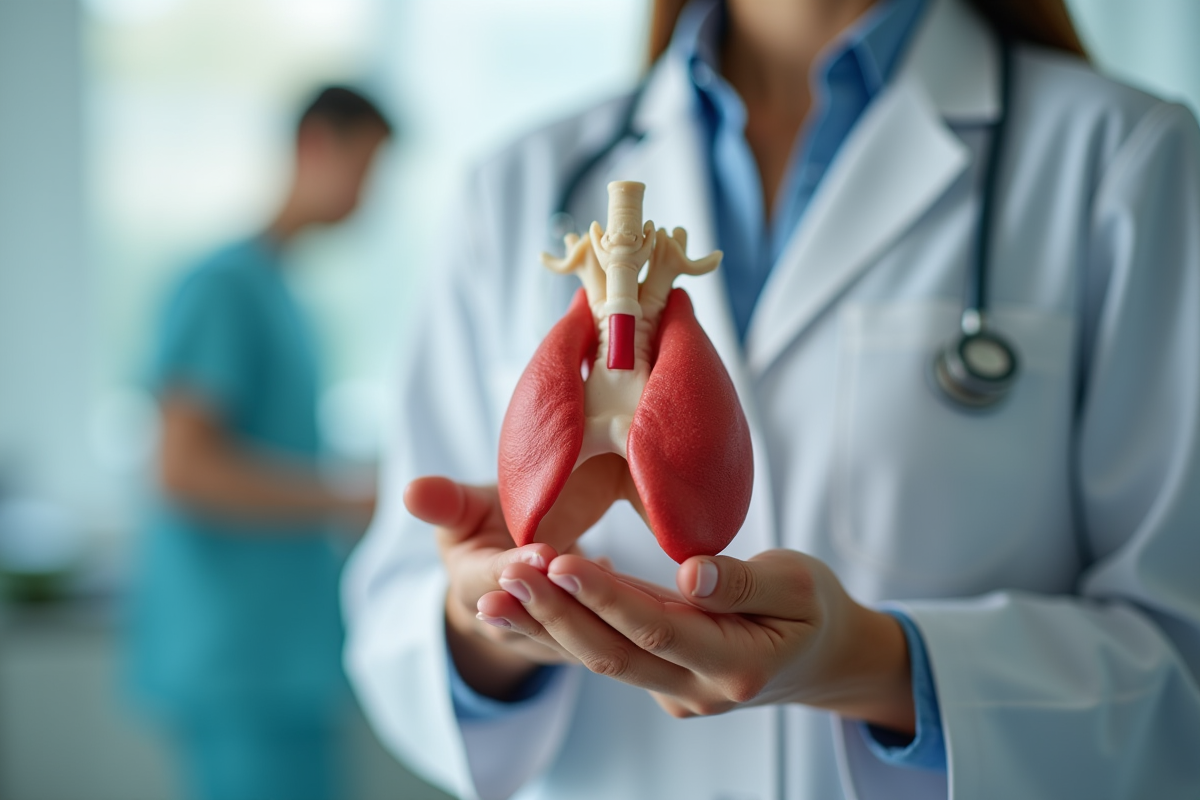 Main d'un médecin tenant un modèle de la thyroide