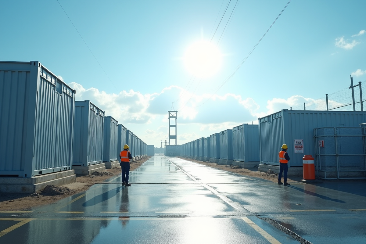 Installation moderne de batteries sous le soleil de midi