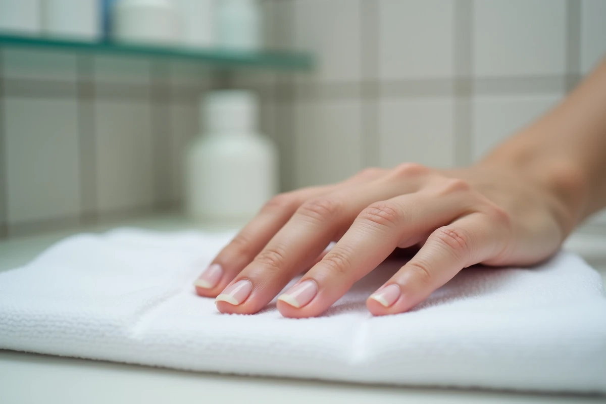Gros plan sur des ongles présentant des taches blanches leuconychie sur fond de salle de bain