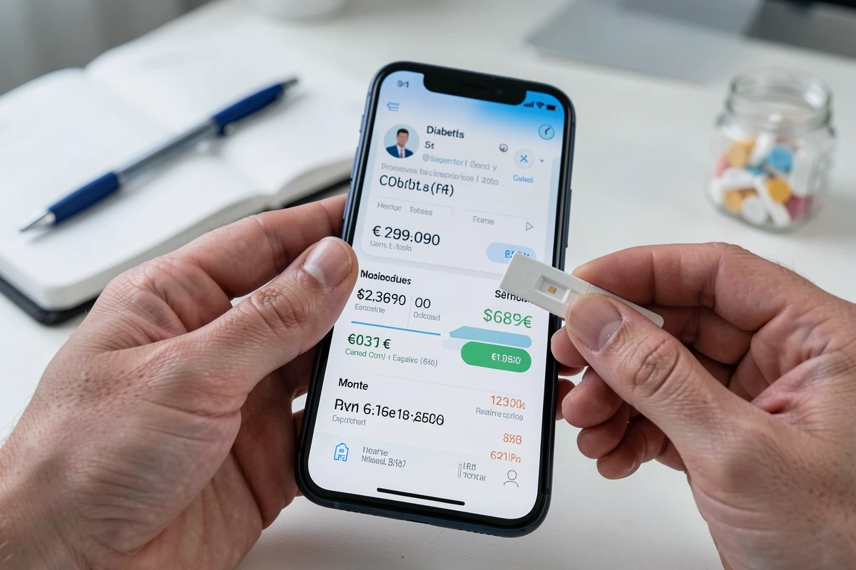 Gros plan sur les mains tenant un smartphone avec le prix d'une application diabète et une bandelette de glycémie