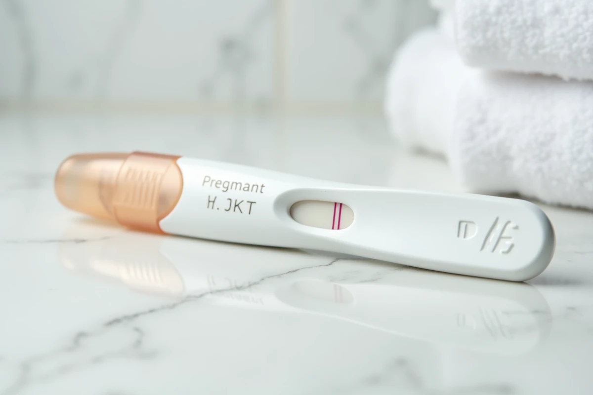 Gros plan sur un test de grossesse avec une barre d'évaporation pâle et floue à côté de la ligne contrôle sur surface blanche