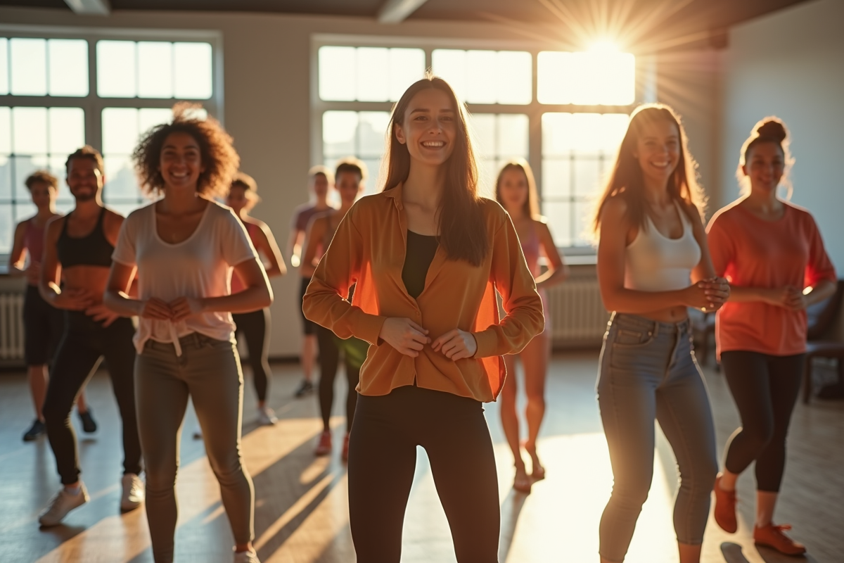 Groupe de danseurs contemporains dans un studio lumineux