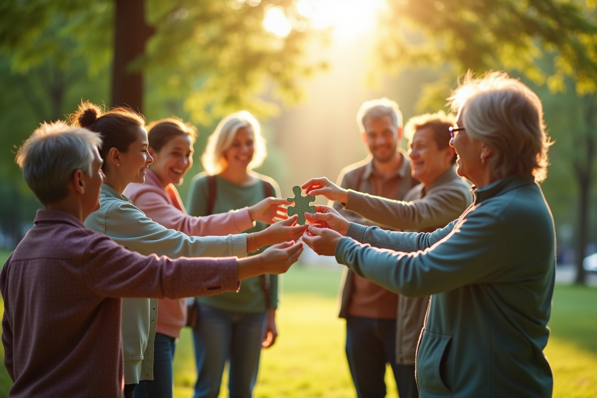 Groupe diversifié de personnes avec des pièces de puzzle dans un parc