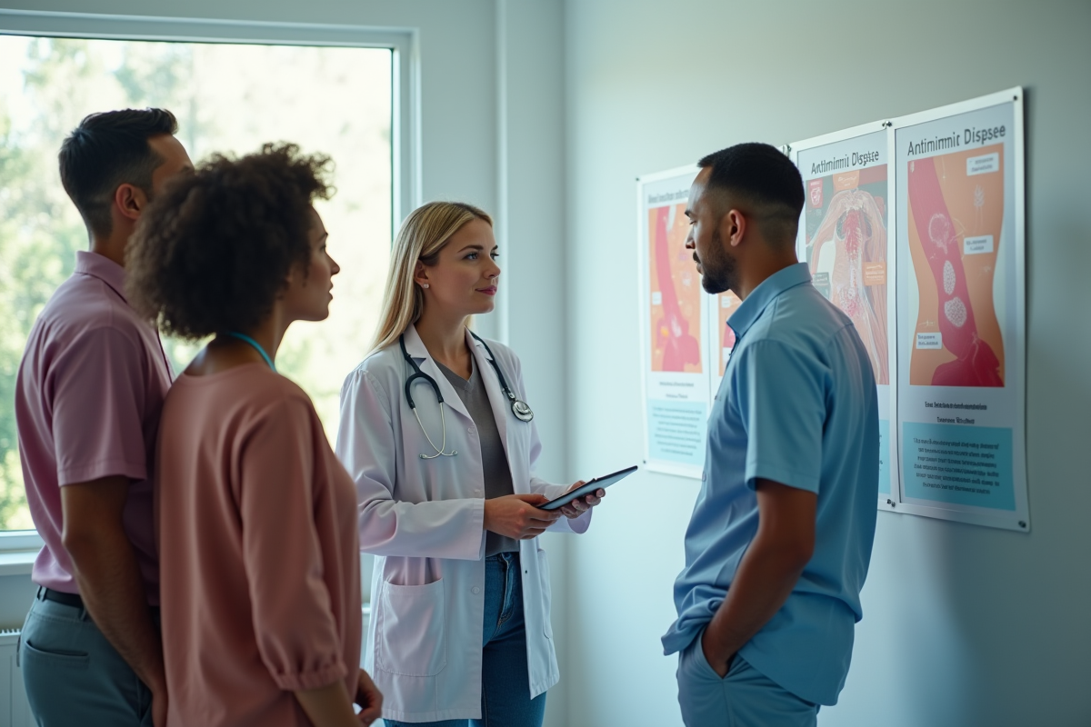 Groupe diversifié en consultation dans une clinique médicale lumineuse