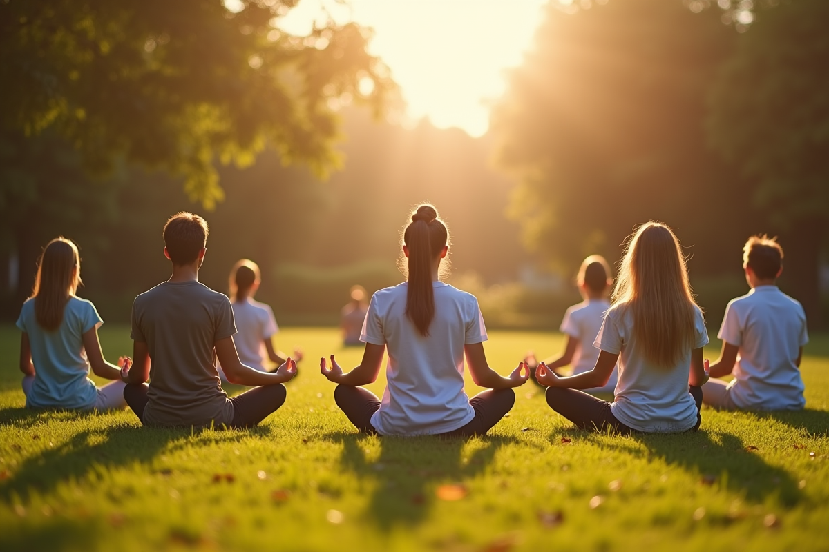 Groupe de personnes méditant dans un parc en plein air