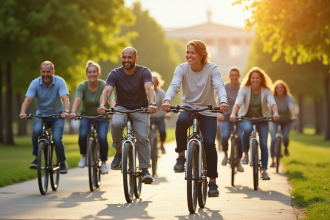 Groupe de personnes marchant et faisant du vélo dans un parc ensoleille