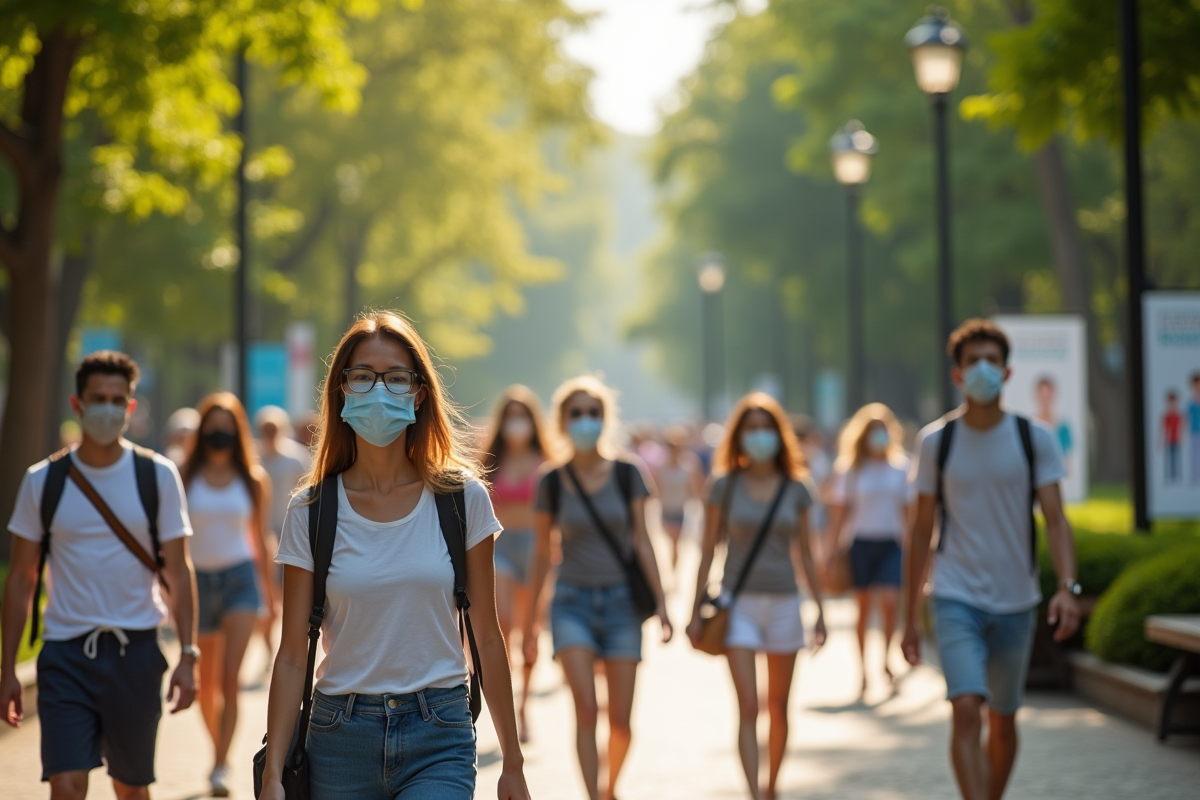 Groupe de personnes dans un parc urbain en été avec des posters de prevention