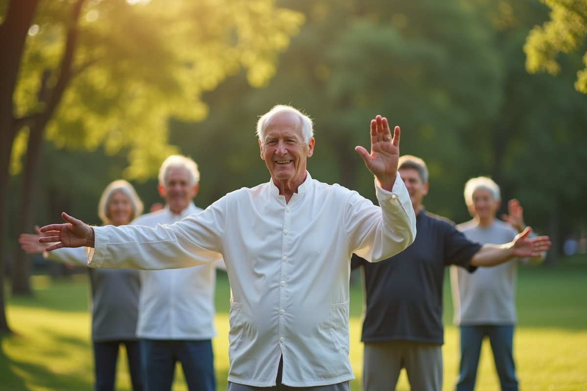 Groupe de seniors faisant du tai chi dans un parc ensoleille
