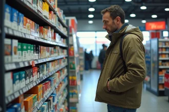 Homme d'âge moyen achetant des cigarettes dans une station-service luxembourgeoise
