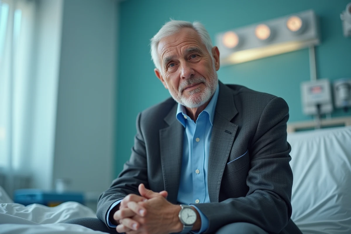 Homme âgé en tenue de ville dans un lit d'hôpital
