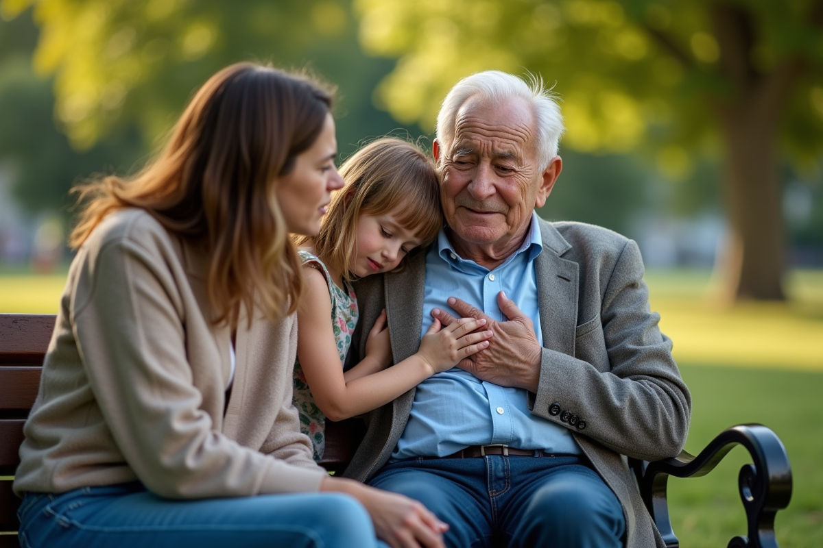Homme age tenant sa poitrine assis sur un banc dans un parc avec sa famille