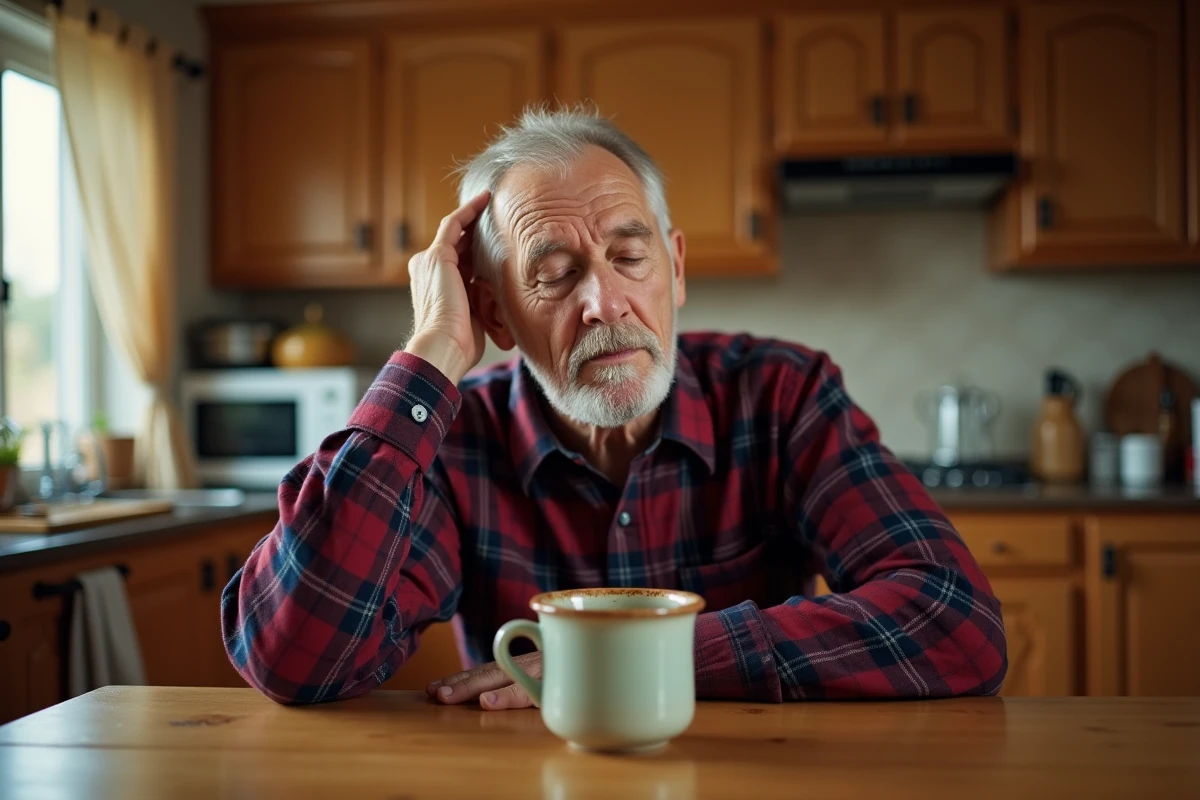 Homme âgé assis à table, la main sur l'oreille gauche, exprimant une gêne liée à un acouphène ou sifflement auriculaire
