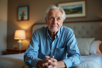 Homme agee assis calmement dans sa chambre chaleureuse