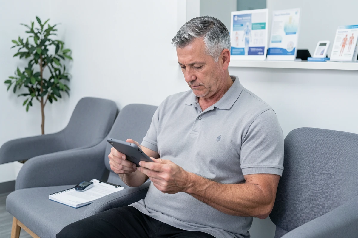 Homme diabétique utilisant une application de santé sur tablette dans une salle d'attente médicale