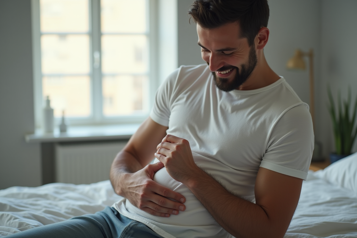 Homme confiant appliquant une creme sur le ventre dans une chambre naturelle
