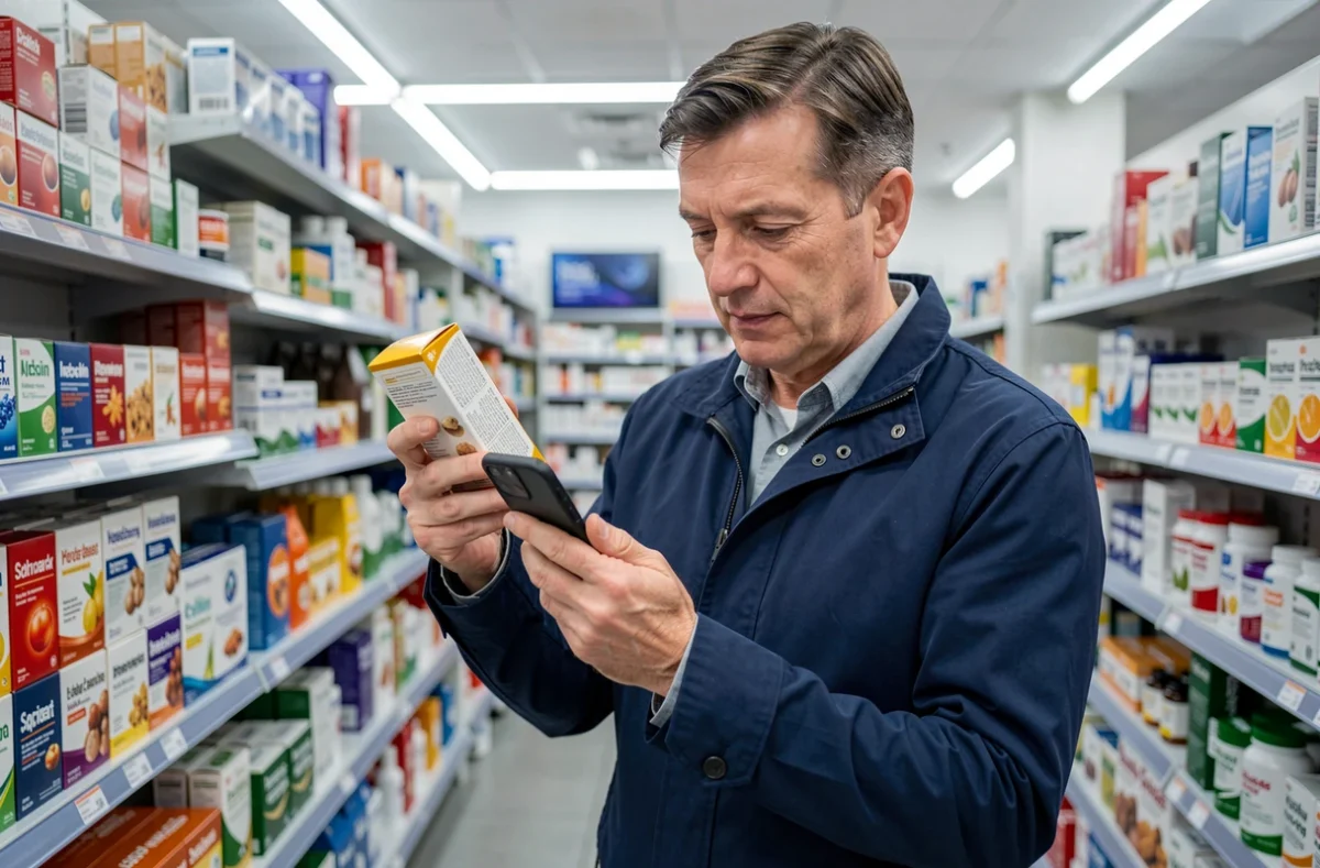 Homme comparant un complément minceur Lumilean en pharmacie avec son téléphone
