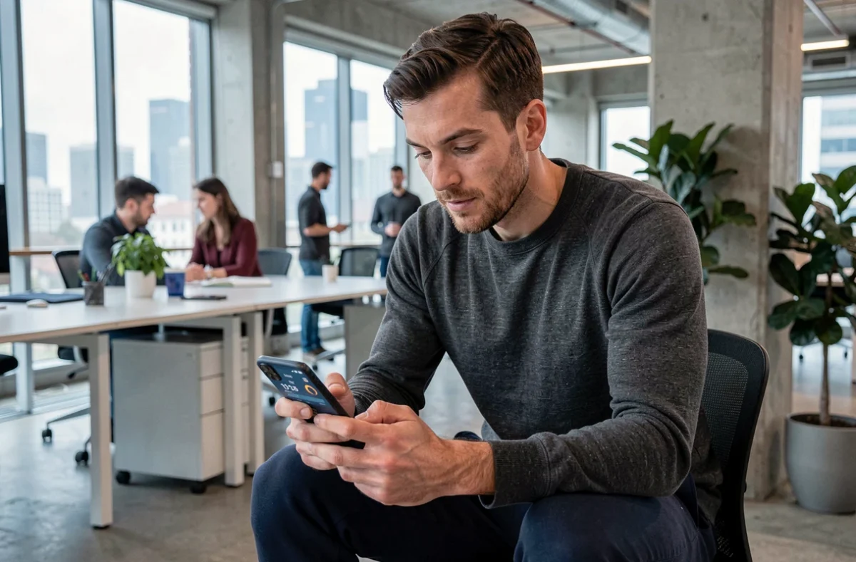 Homme en pause au bureau consultant son application de comptage de pas sur smartphone pour atteindre les 10000 pas journaliers