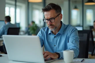 Homme d'âge moyen au bureau regardant un message d'erreur