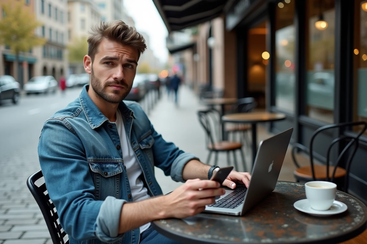 Homme au caf&eacute; utilise son smartphone en ville