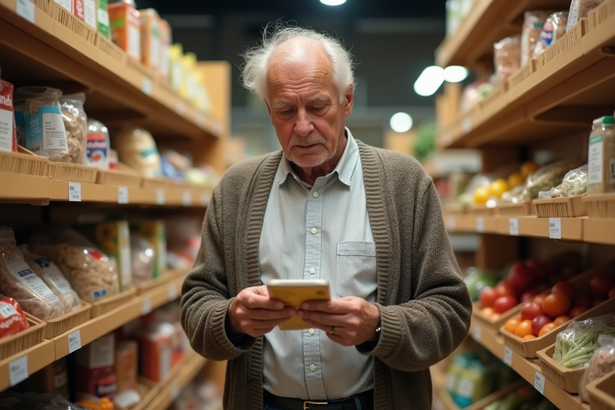 Homme âgé choisissant des aliments sains dans une épicerie de quartier