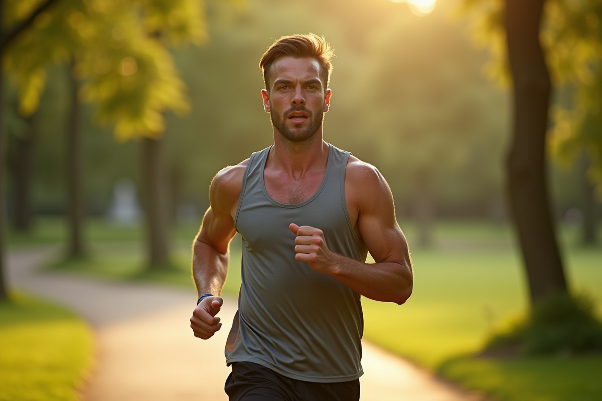 Homme en jogging dans un parc vert pour metaboliser l alcool