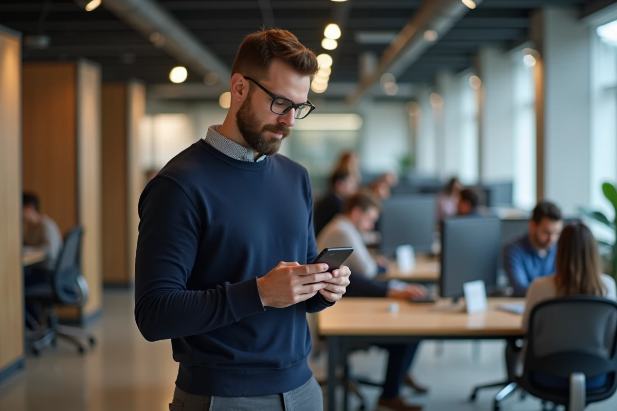 Homme en espace de coworking consultant les tarifs du programme Reborn21 sur son téléphone