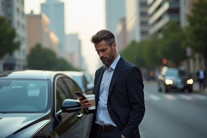 Homme d'affaires en costume pr&egrave;s d'une voiture de luxe en ville