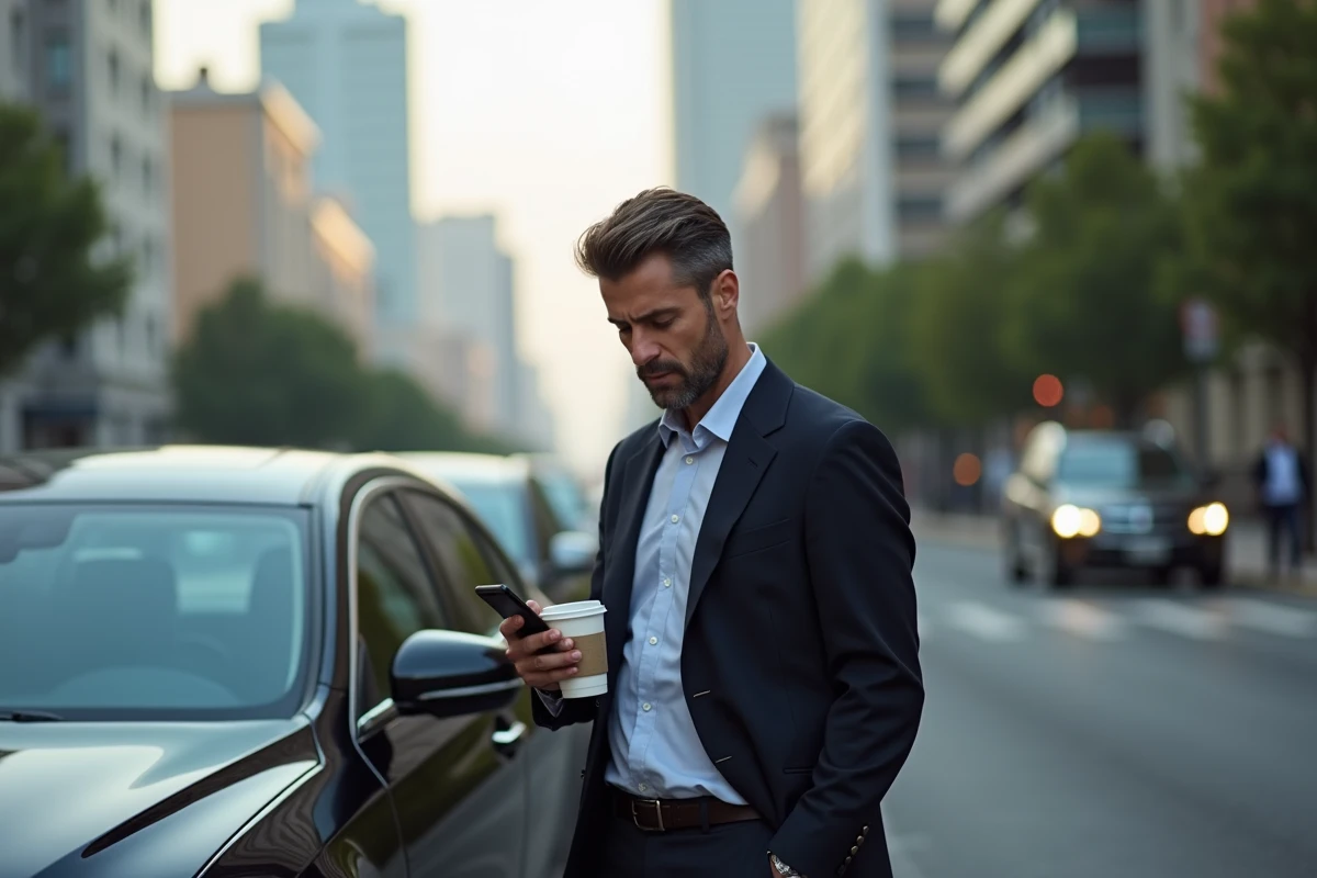 Homme d'affaires en costume près d'une voiture de luxe en ville