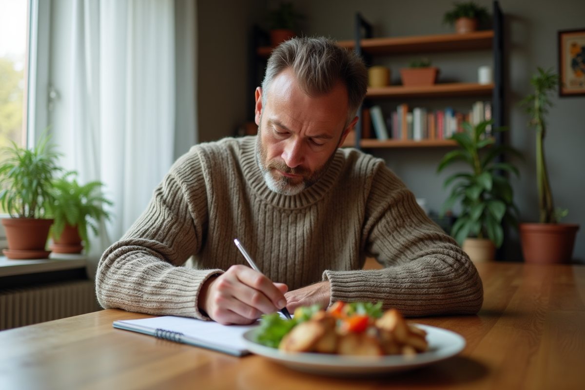 Homme écrit dans un journal alimentaire à la maison