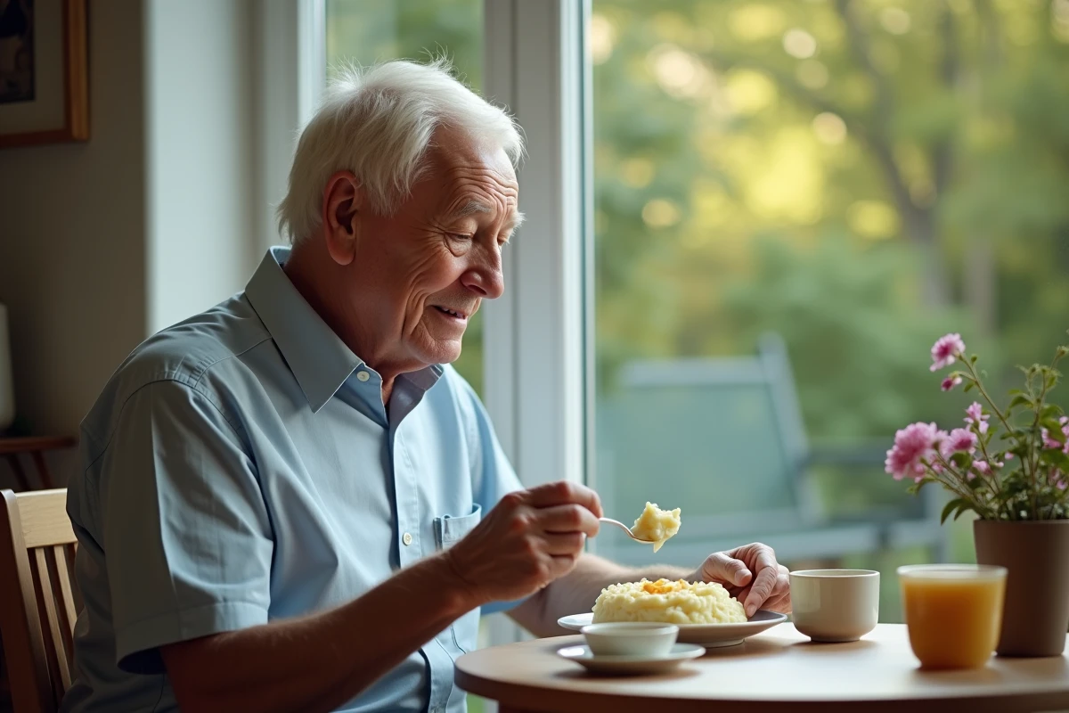Homme âgé dégustant des purées de pommes de terre dans sa cuisine